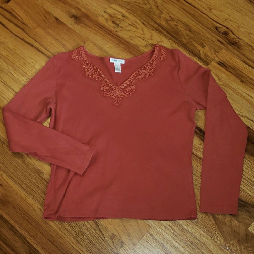 Women's Embroidered V-Neck Top - Orange/Rust Size: M